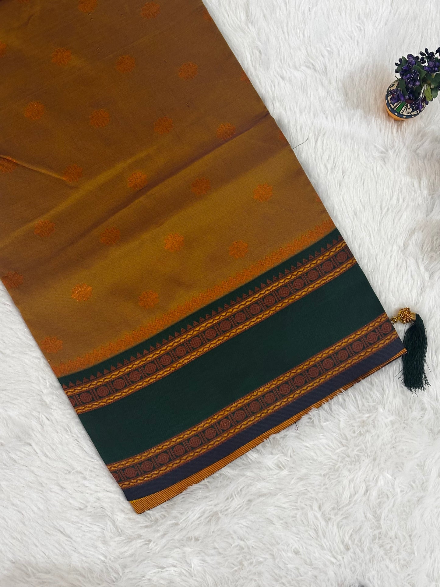 Olive Mustard & Deep Green Silk Saree with Traditional Woven Border and Tassels  Description: