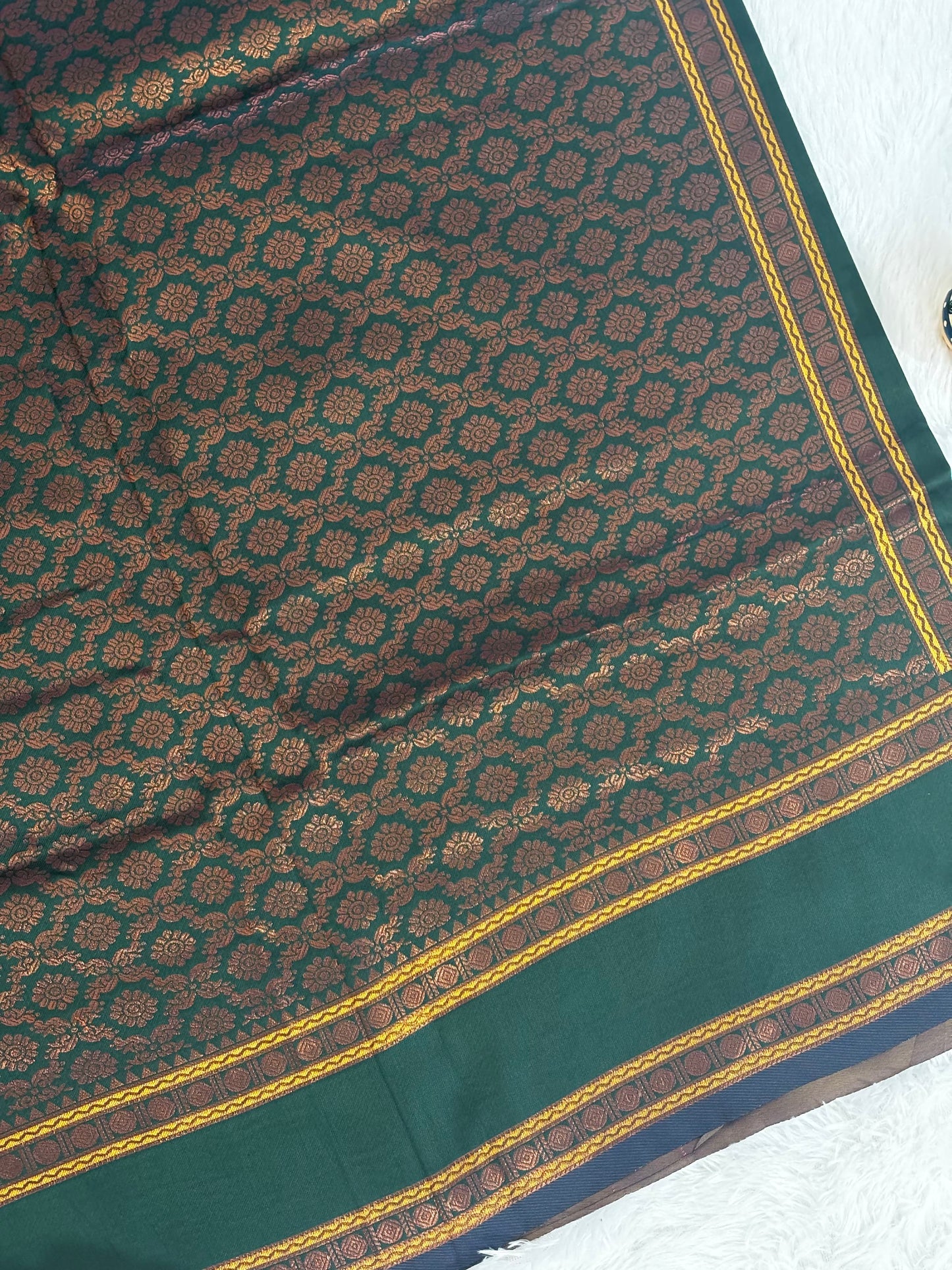 Olive Mustard & Deep Green Silk Saree with Traditional Woven Border and Tassels  Description: