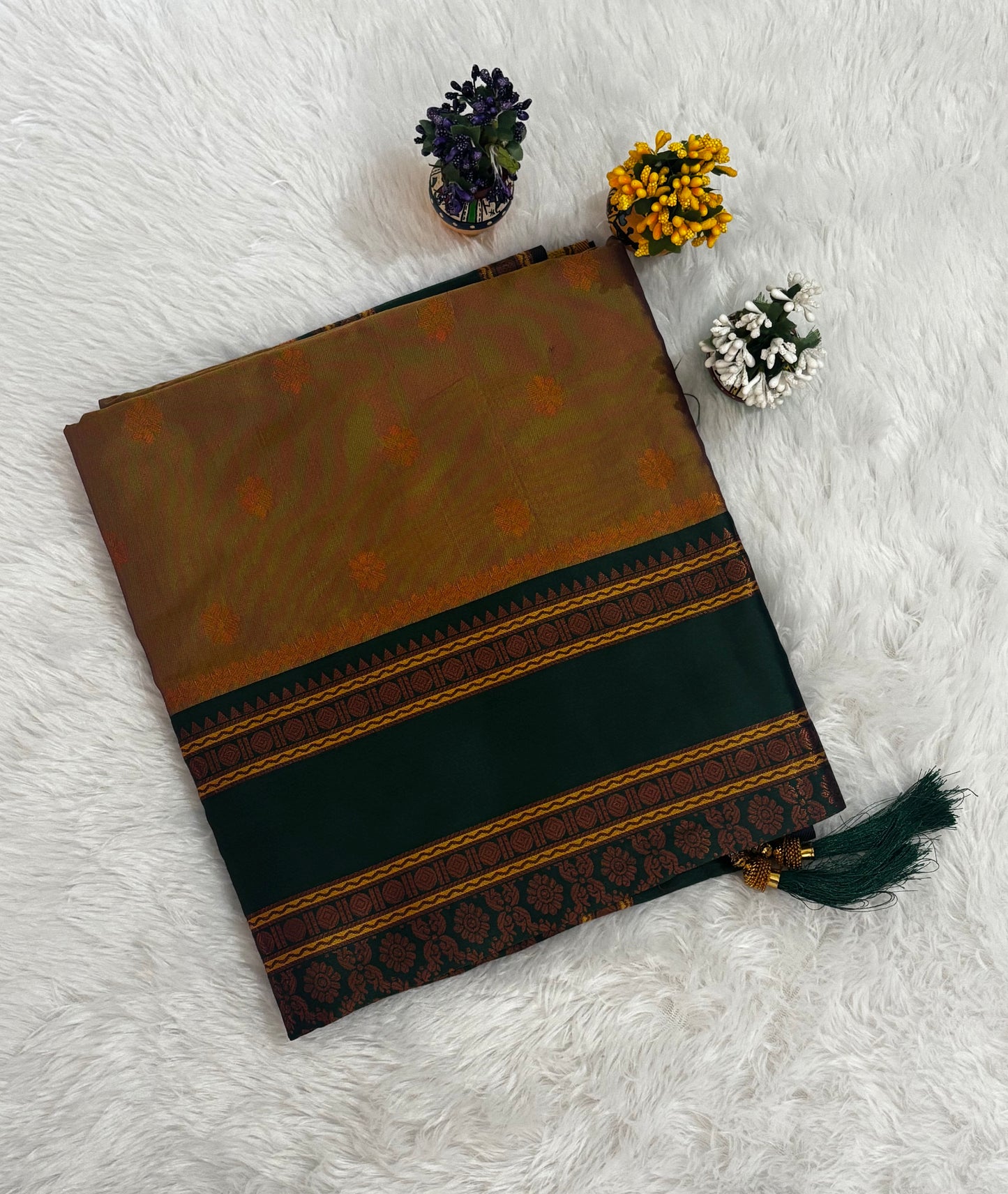 Olive Mustard & Deep Green Silk Saree with Traditional Woven Border and Tassels  Description: