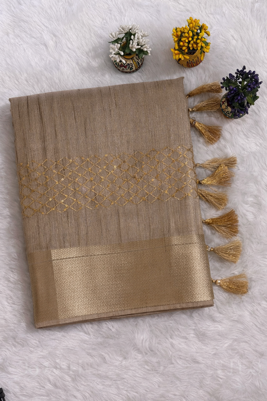 Beige Khadi Silk Saree with Golden Zari Border & Handcrafted Tassels