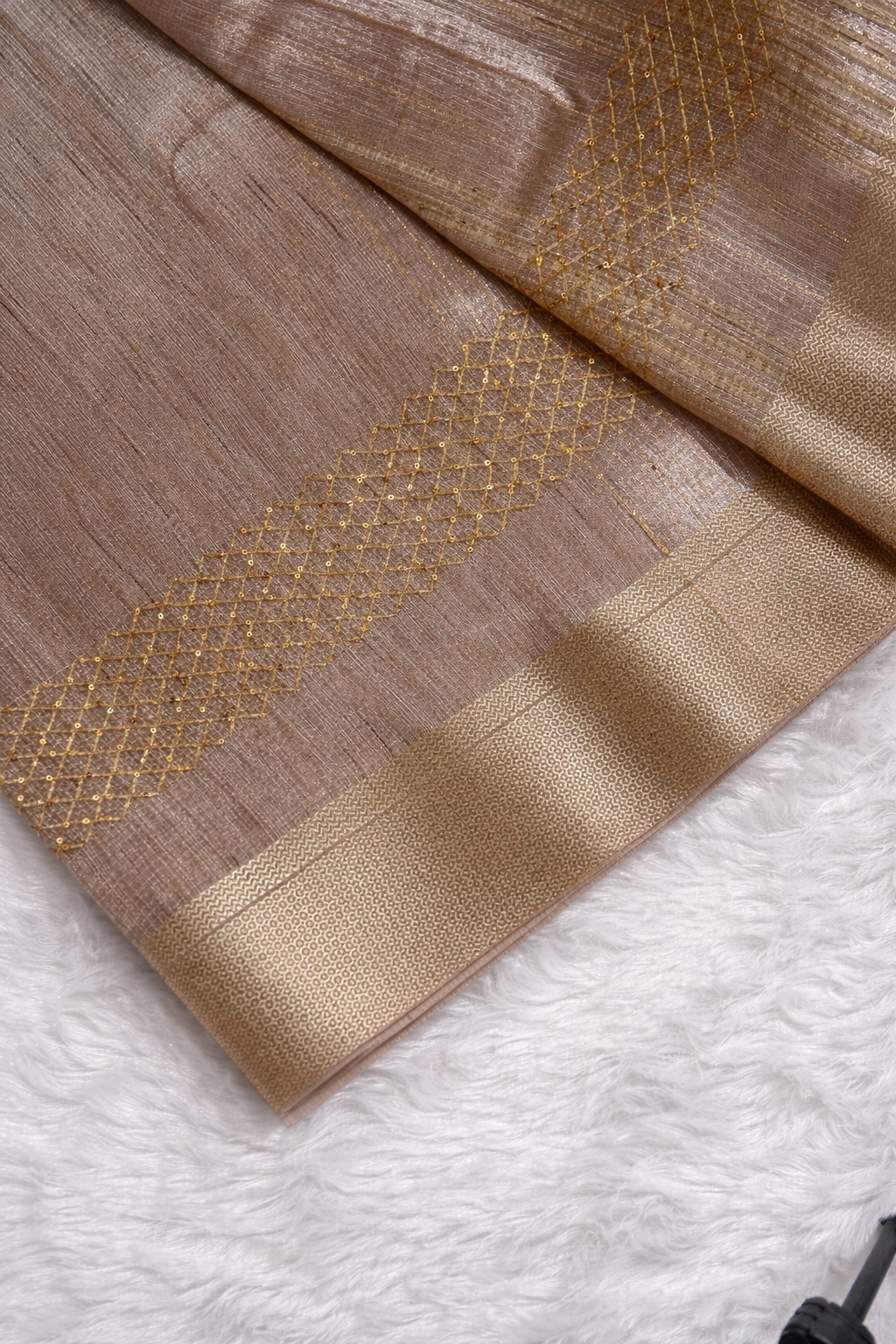 Beige Khadi Silk Saree with Golden Zari Border & Handcrafted Tassels