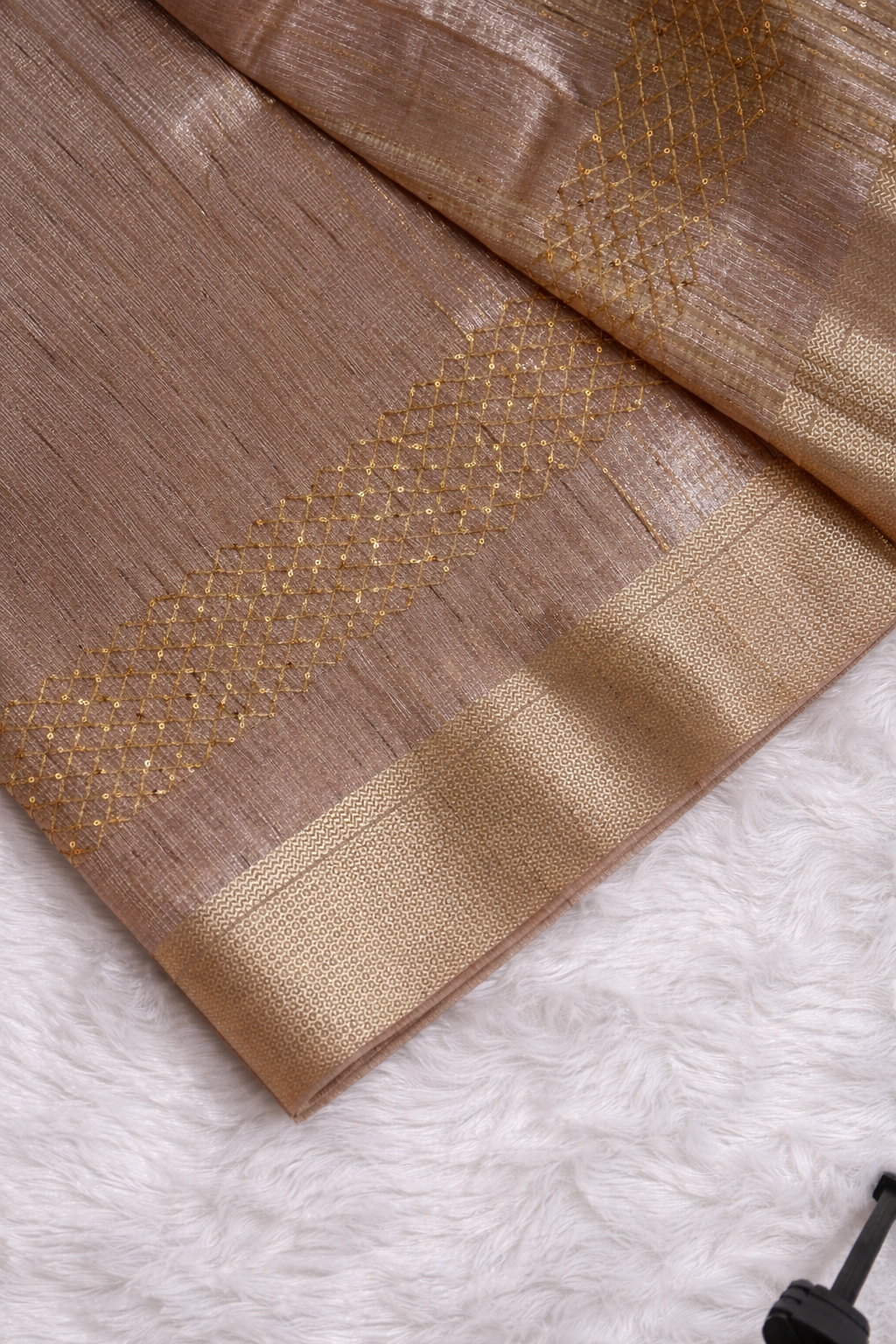 Beige Khadi Silk Saree with Golden Zari Border & Handcrafted Tassels