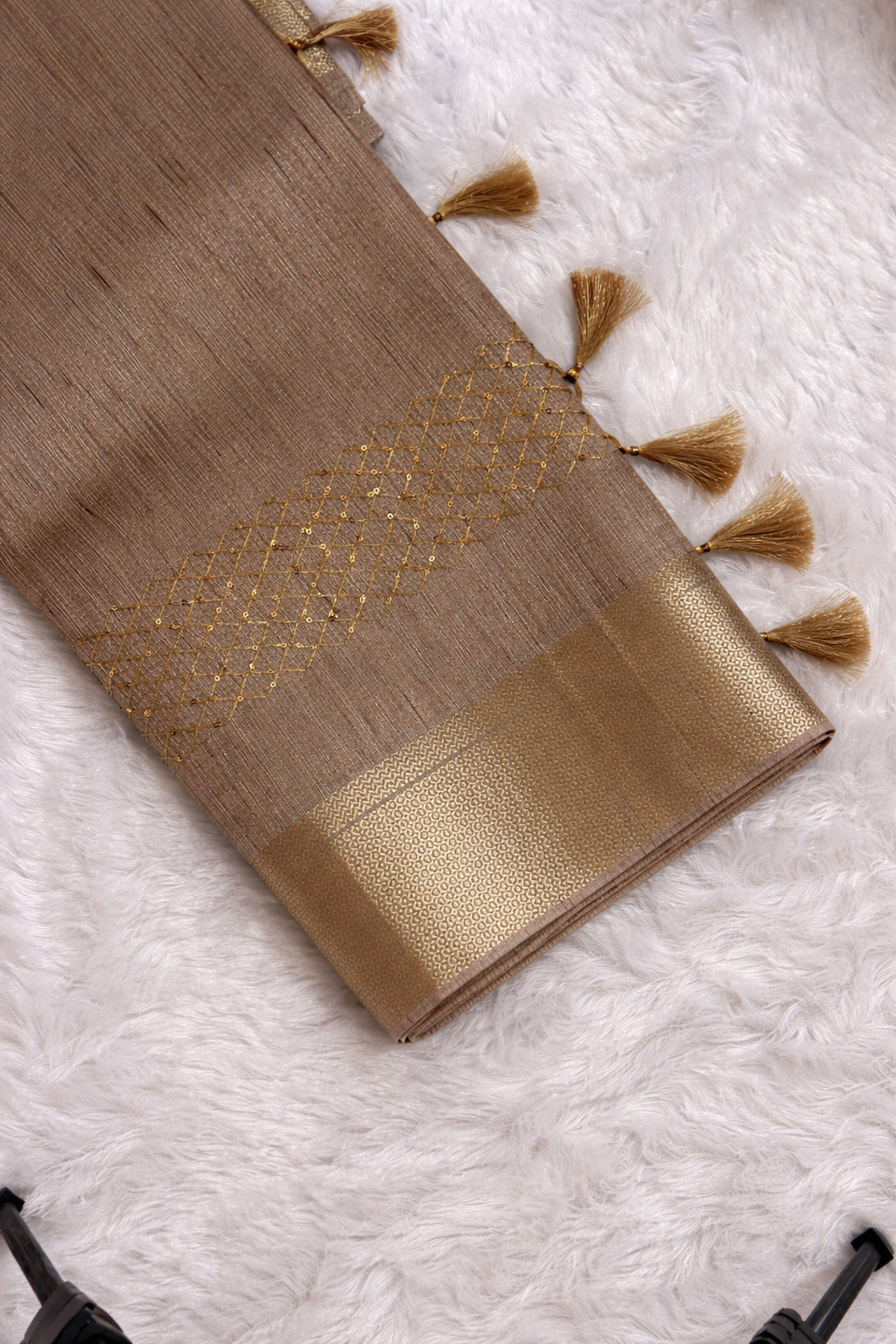 Beige Khadi Silk Saree with Golden Zari Border & Handcrafted Tassels
