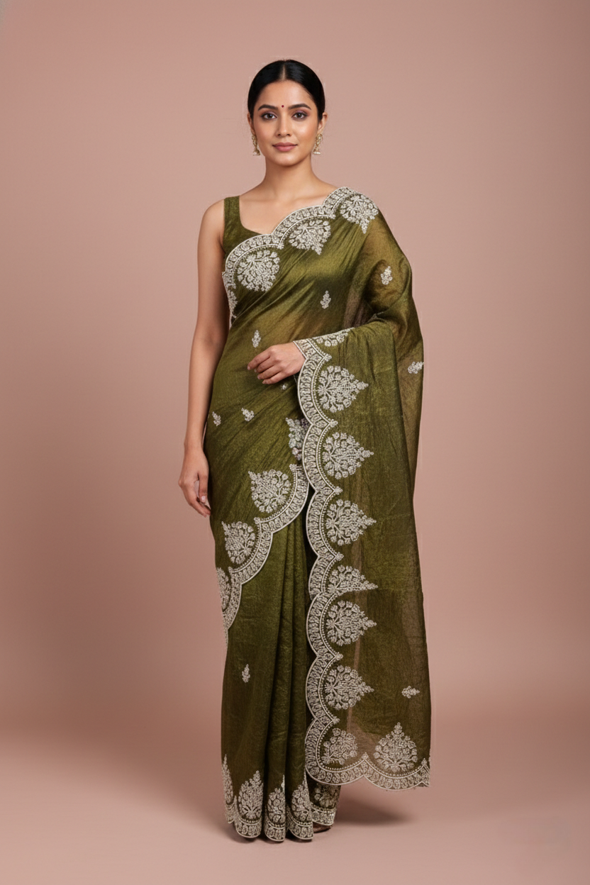 Olive Green Jimmy Choo Style Saree with Elegant White Embroidery