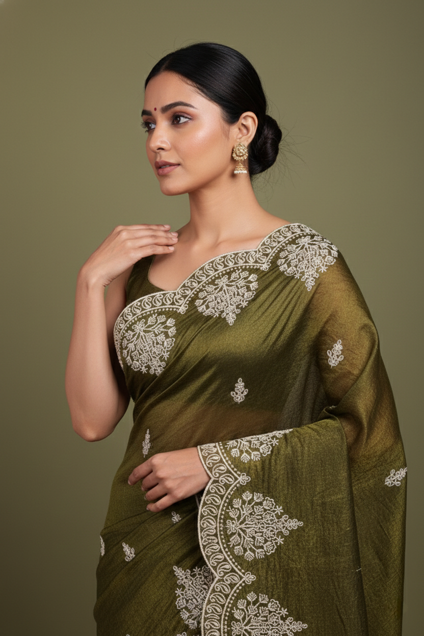 Olive Green Jimmy Choo Style Saree with Elegant White Embroidery