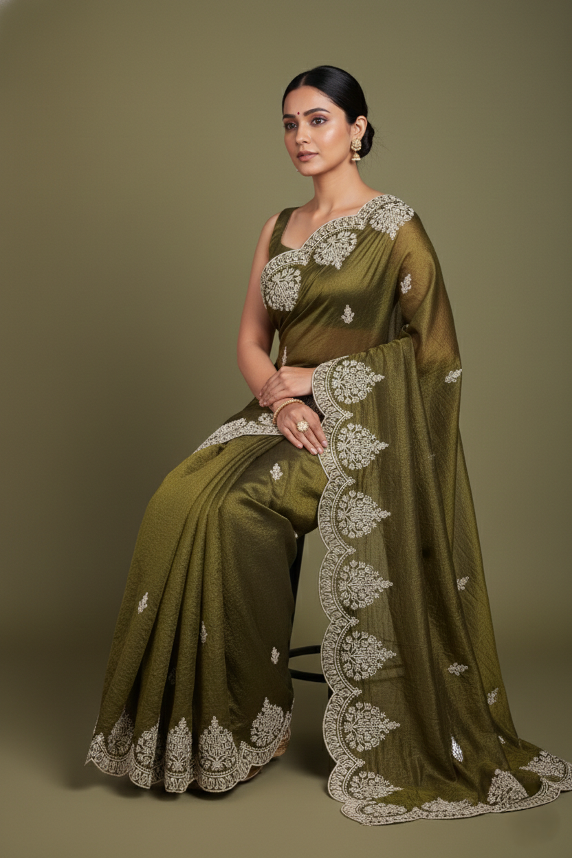 Olive Green Jimmy Choo Style Saree with Elegant White Embroidery