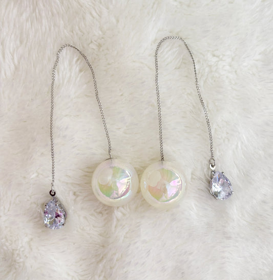 Silver Chain Earrings with Iridescent Pearl & Crystal