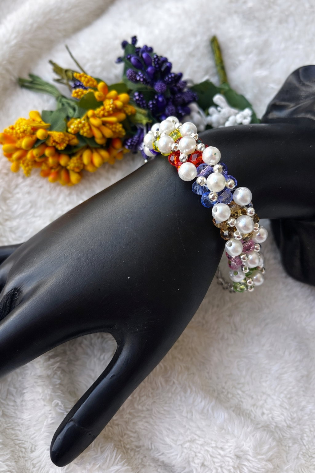 Rainbow Pearl & Crystal Floral Bracelet