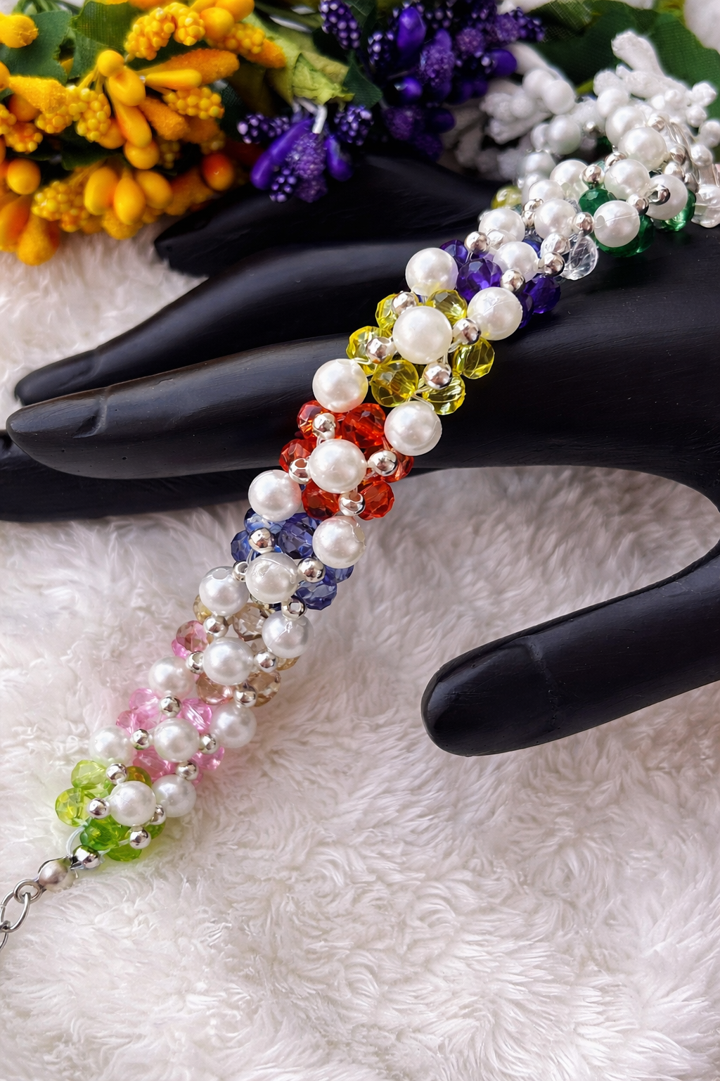 Rainbow Pearl & Crystal Floral Bracelet