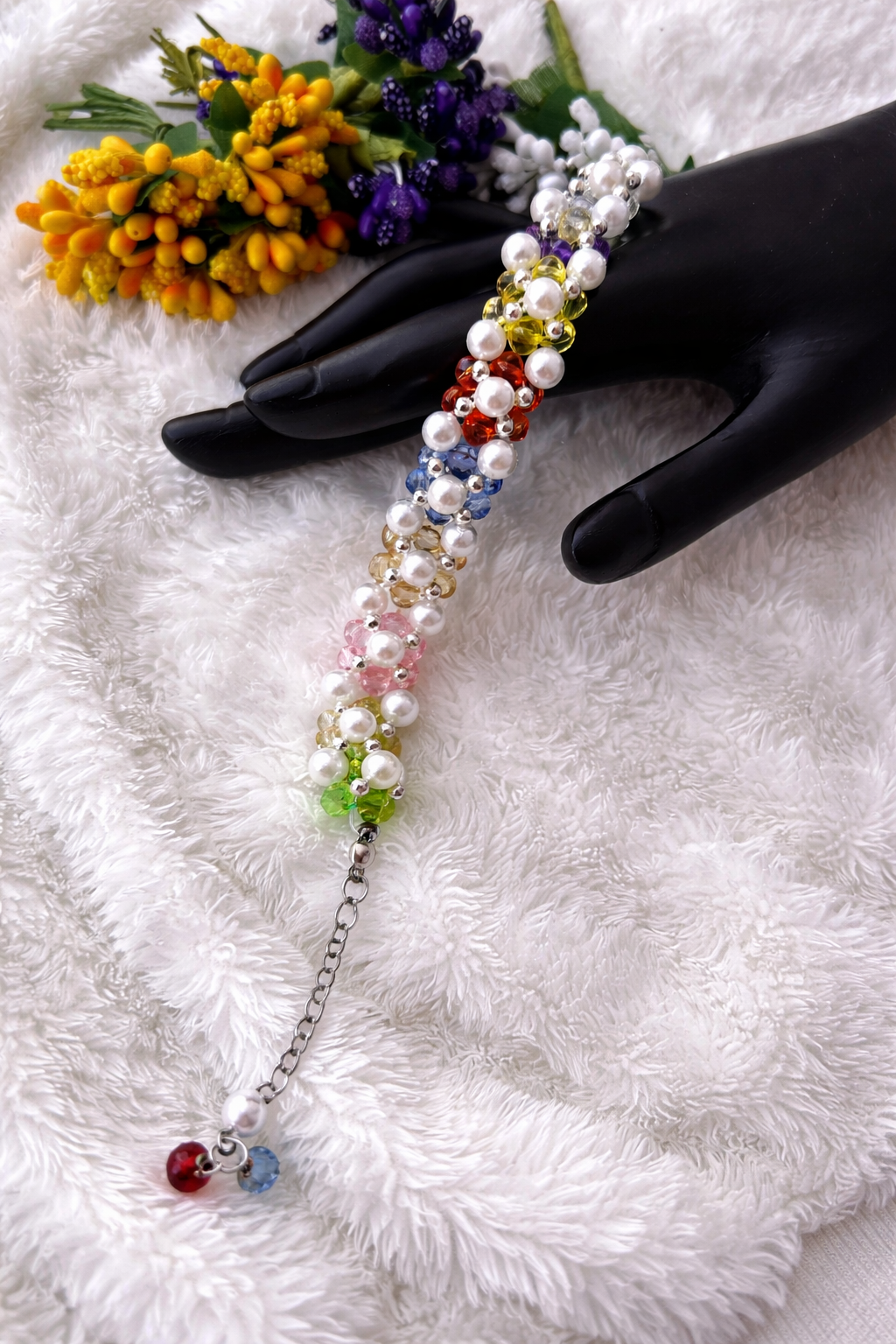 Rainbow Pearl & Crystal Floral Bracelet