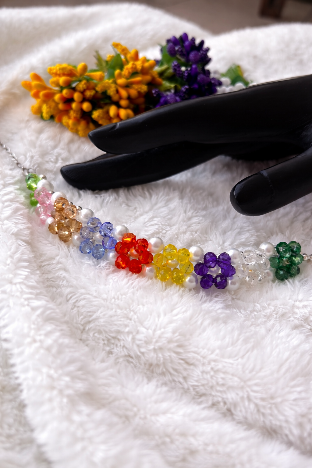 Rainbow Pearl & Crystal Floral Bracelet