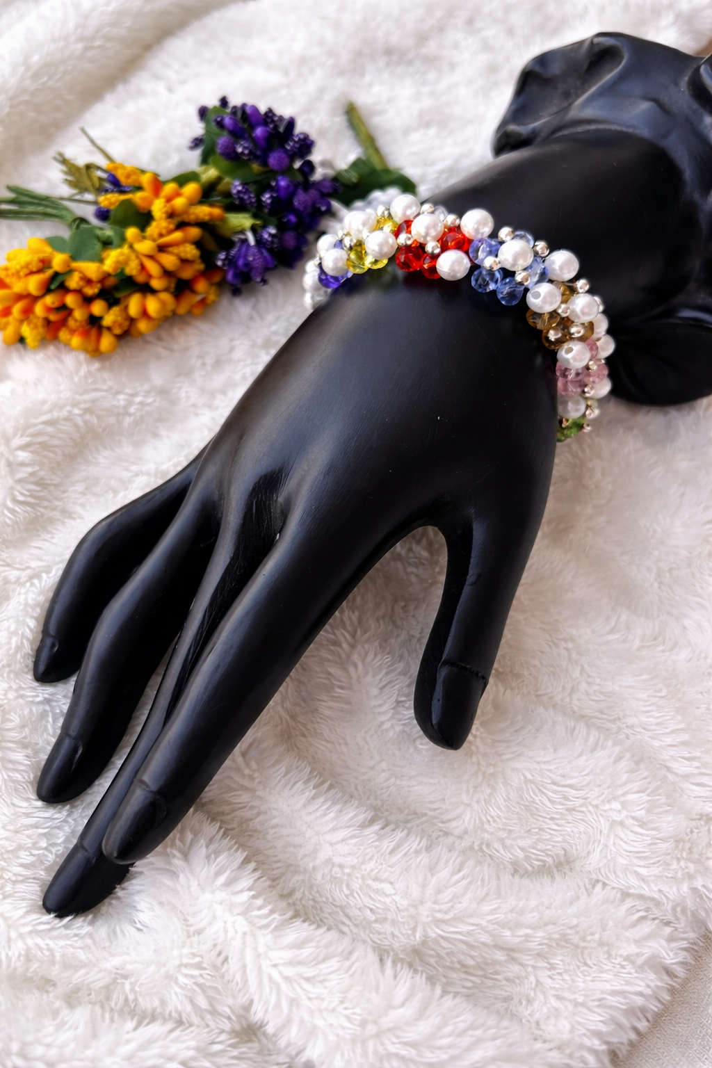 Rainbow Pearl & Crystal Floral Bracelet