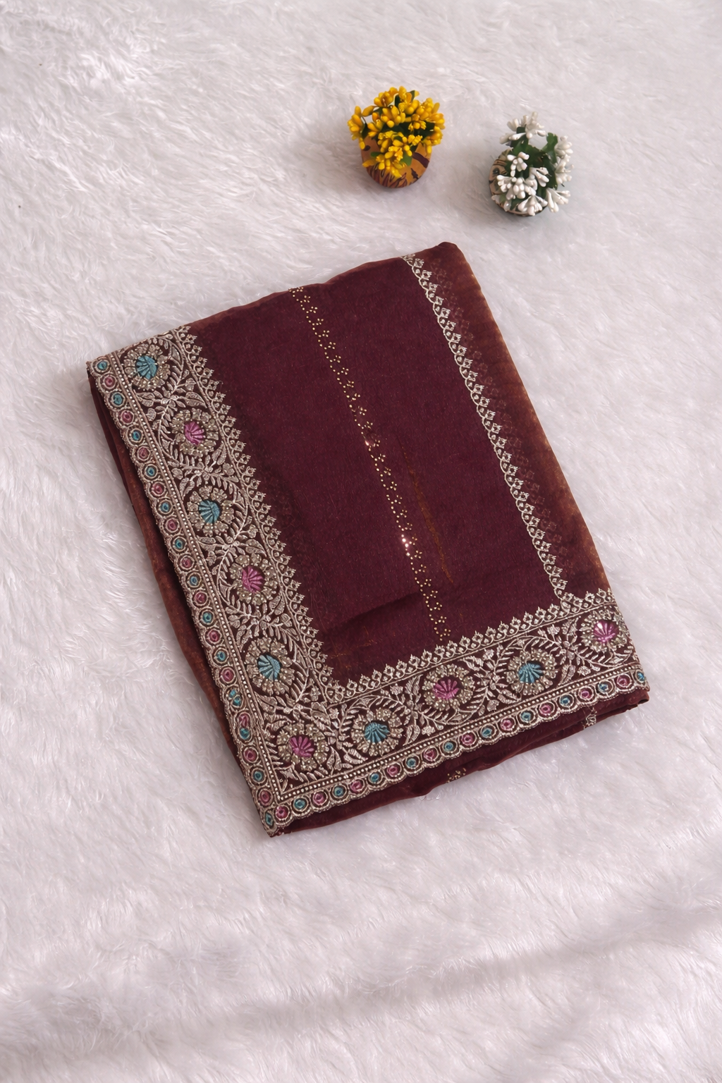 Wine Red Linen Silk Saree with Multicolor Embroidered Border