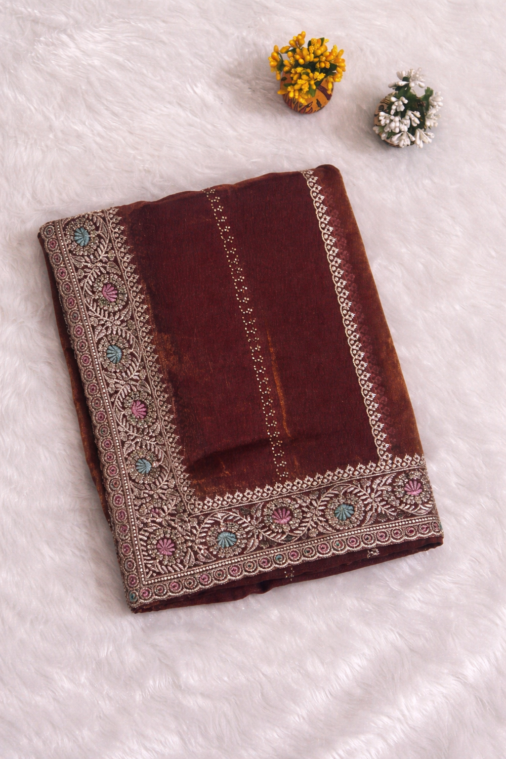 Wine Red Linen Silk Saree with Multicolor Embroidered Border