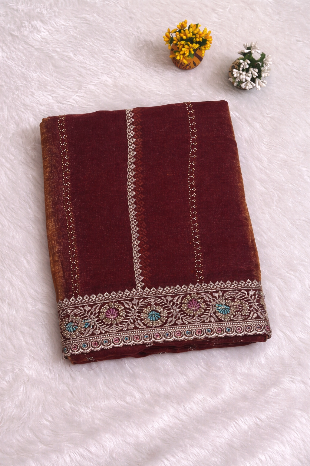 Wine Red Linen Silk Saree with Multicolor Embroidered Border