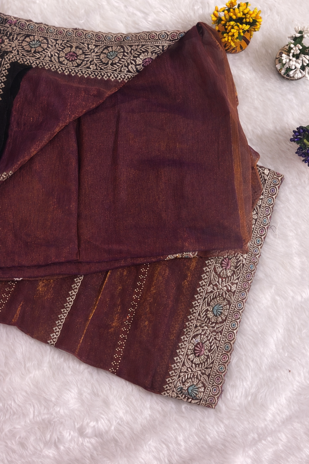 Wine Red Linen Silk Saree with Multicolor Embroidered Border