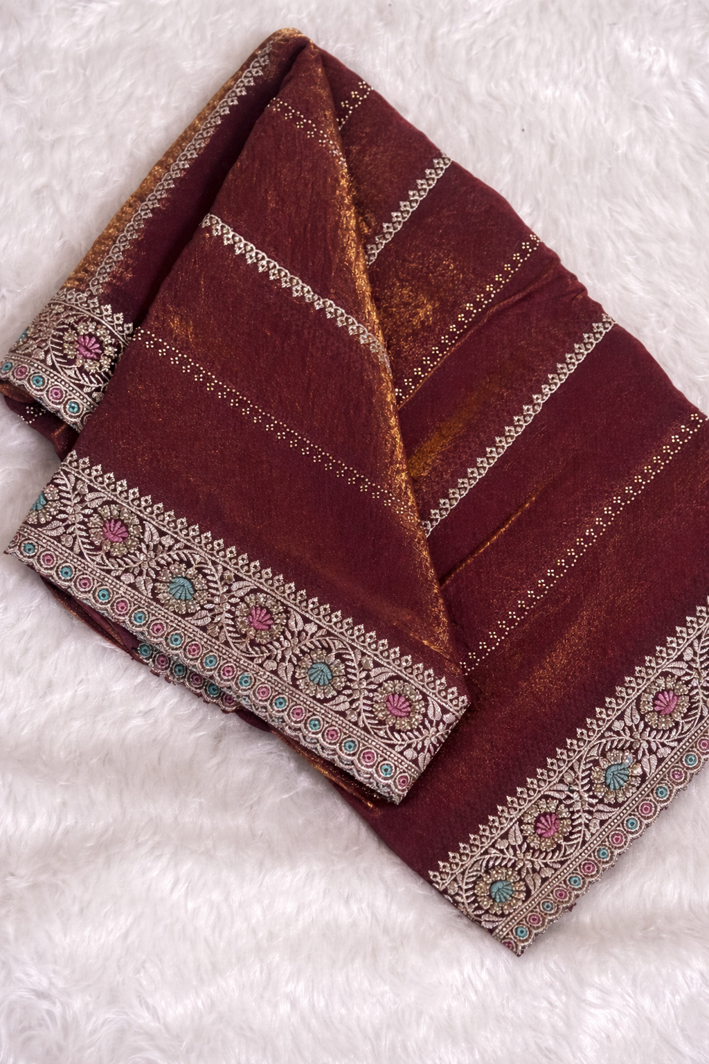 Wine Red Linen Silk Saree with Multicolor Embroidered Border