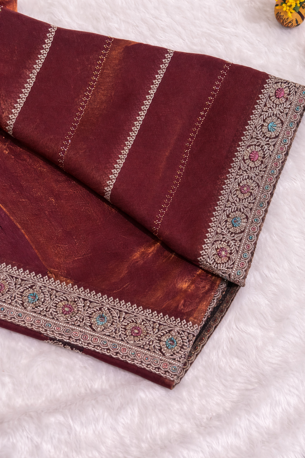 Wine Red Linen Silk Saree with Multicolor Embroidered Border