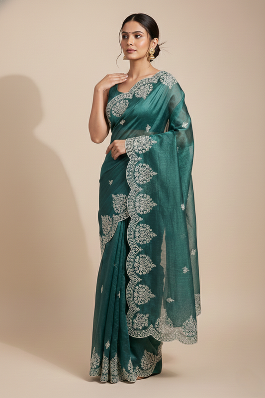 Sea Green Jimmy Choo Style Saree with Elegant White Embroidery