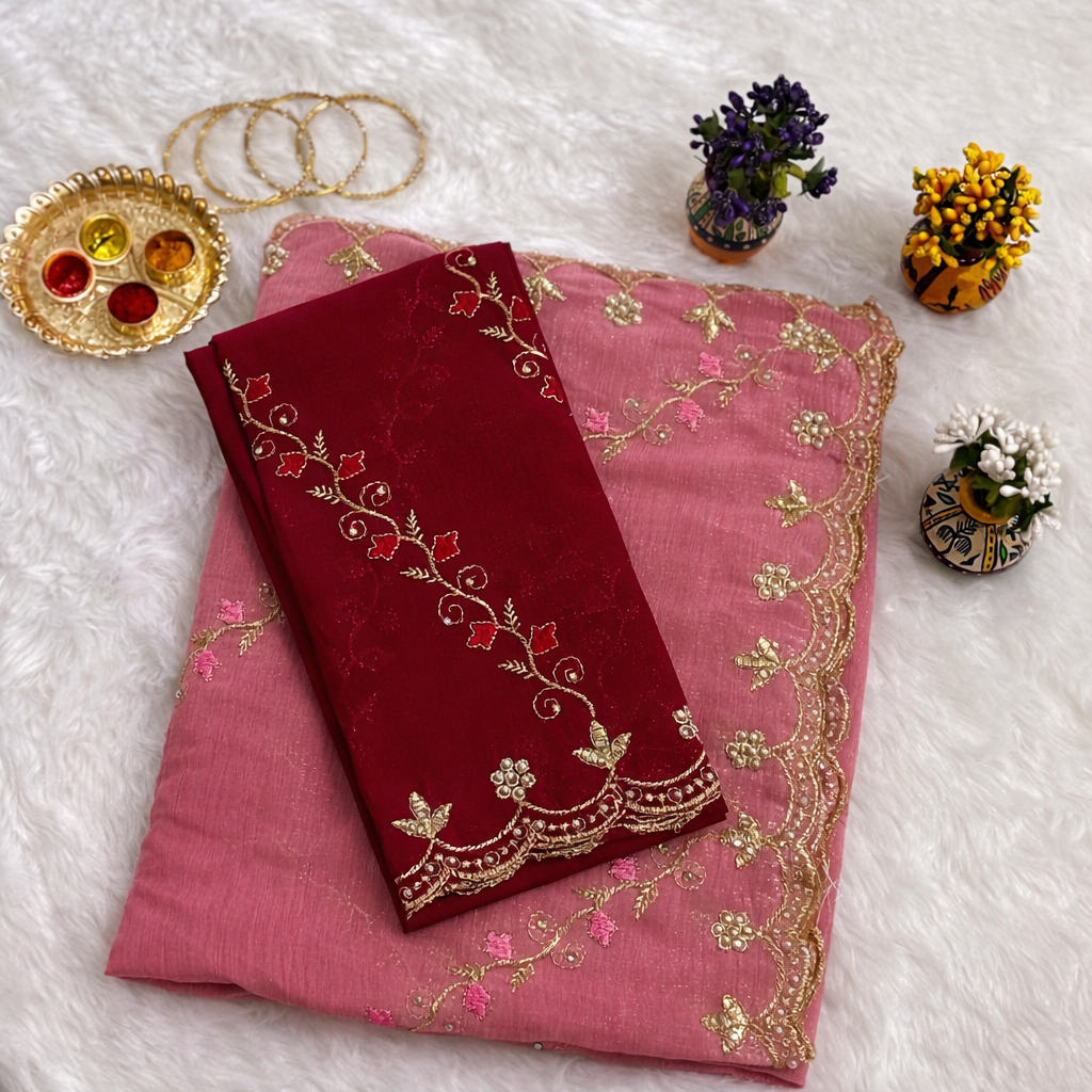 Pink Tissue Silk Saree with Maroon Embroidered Blouse