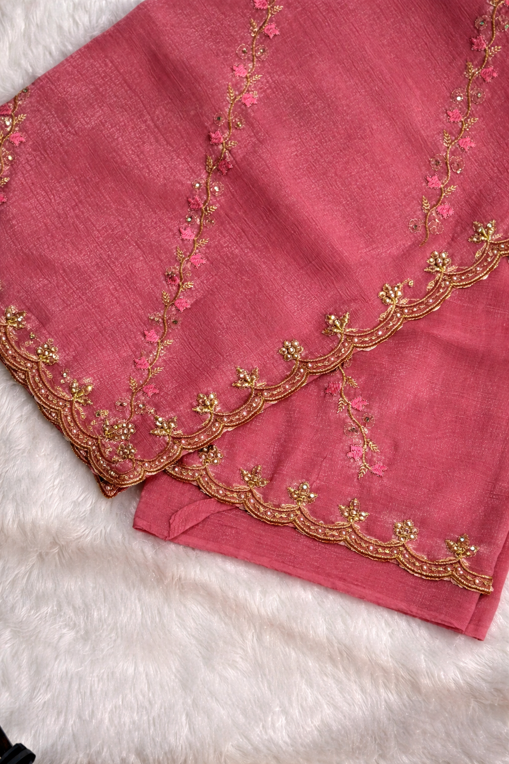 Pink Tissue Silk Saree with Maroon Embroidered Blouse
