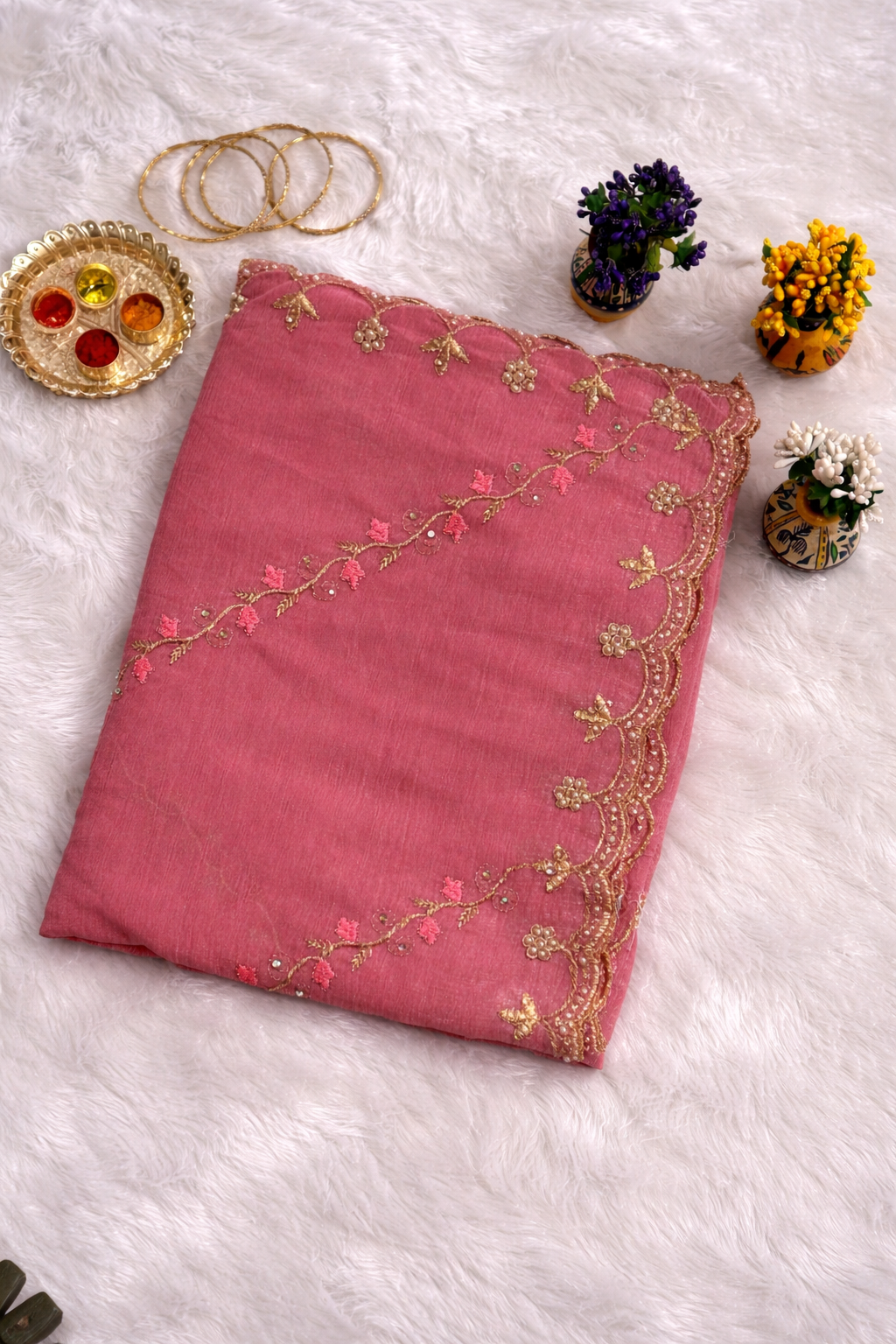 Pink Tissue Silk Saree with Maroon Embroidered Blouse