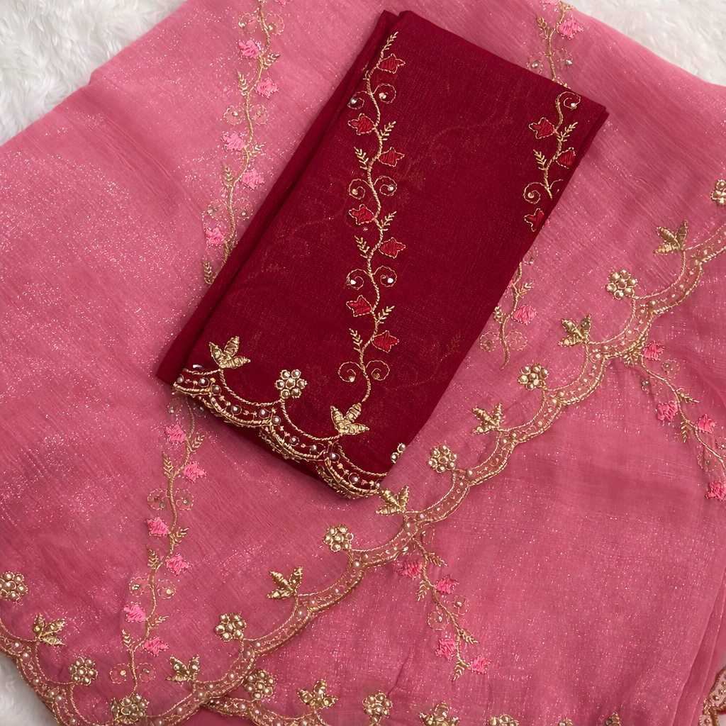Pink Tissue Silk Saree with Maroon Embroidered Blouse