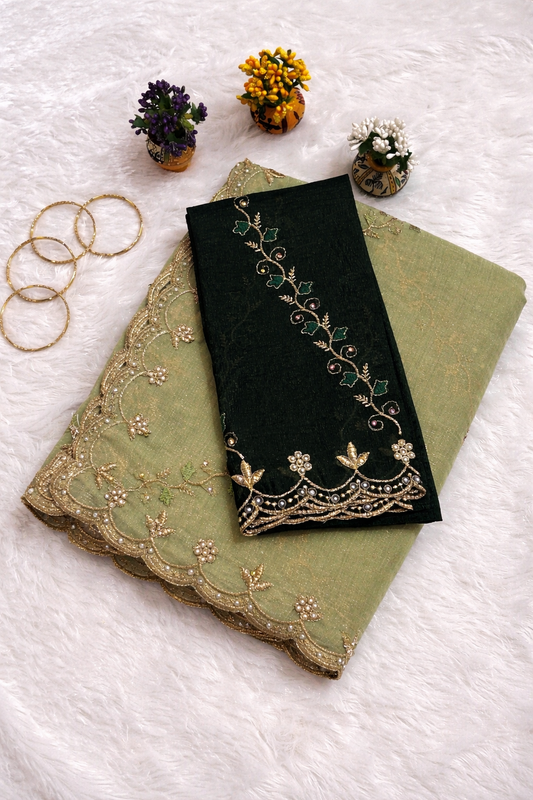 Pista Green Tissue Silk Saree with Bottle Green Embroidered Blouse