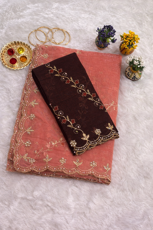 Peach Pink Tissue Silk Saree with Chocolate Brown Embroidered Blouse