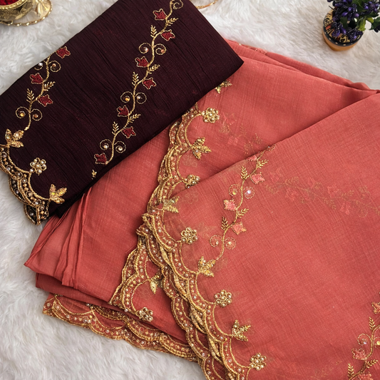 Peach Pink Tissue Silk Saree with Chocolate Brown Embroidered Blouse