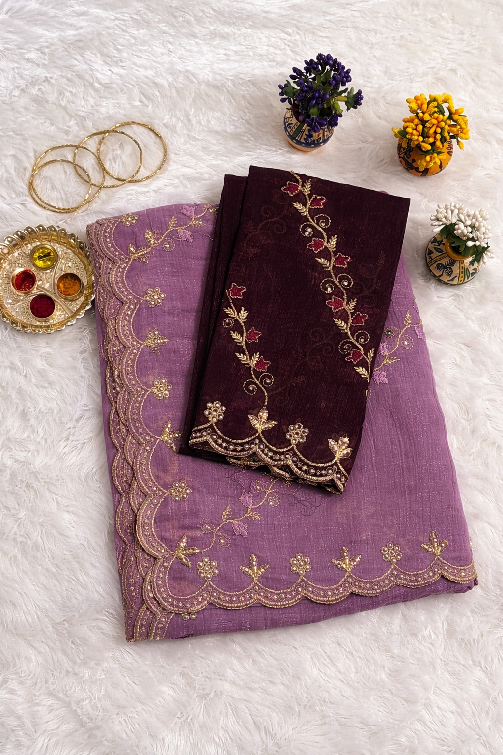 Lavender Purple Tissue Silk Saree with Deep Wine Embroidered Blouse