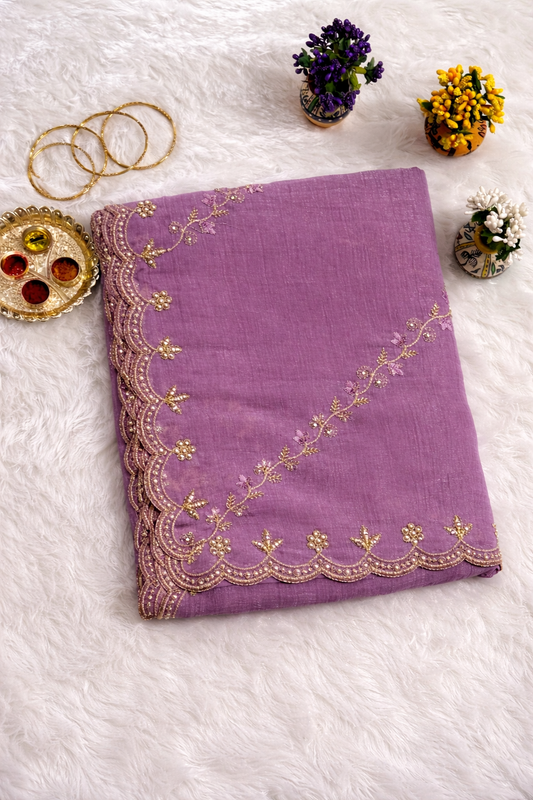 Lavender Purple Tissue Silk Saree with Deep Wine Embroidered Blouse