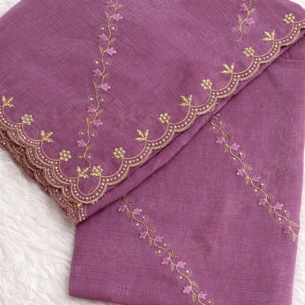 Lavender Purple Tissue Silk Saree with Deep Wine Embroidered Blouse