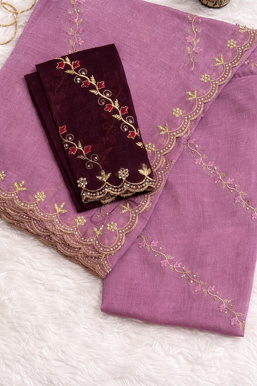 Lavender Purple Tissue Silk Saree with Deep Wine Embroidered Blouse