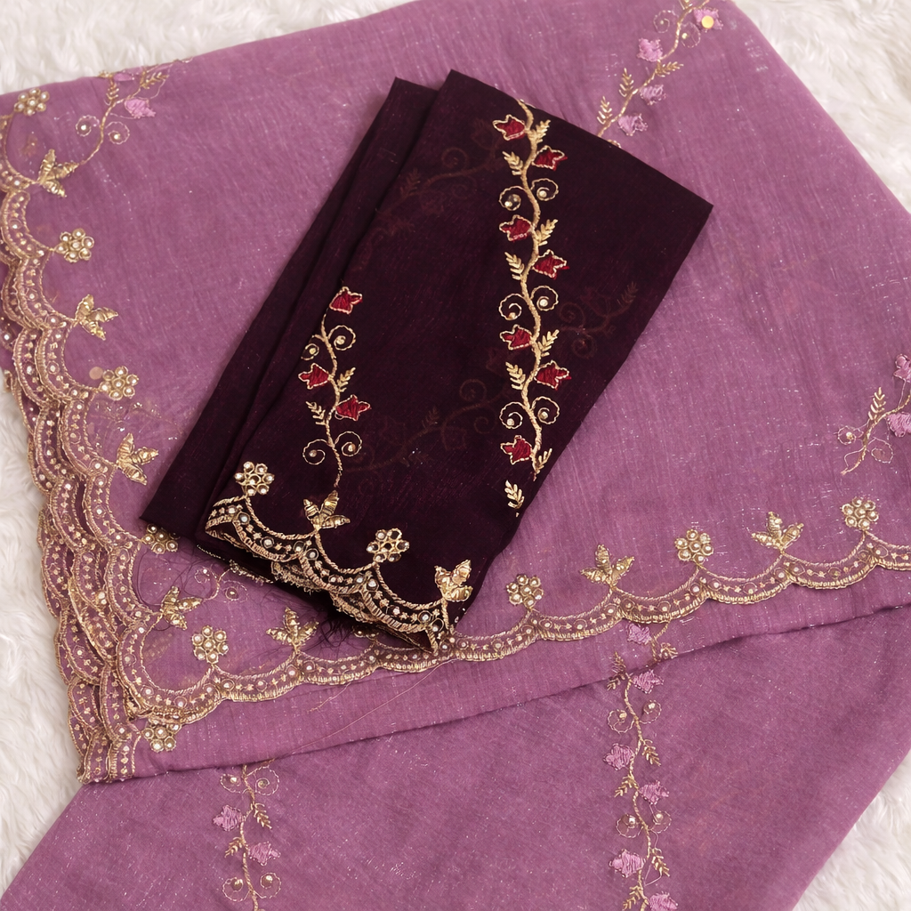 Lavender Purple Tissue Silk Saree with Deep Wine Embroidered Blouse