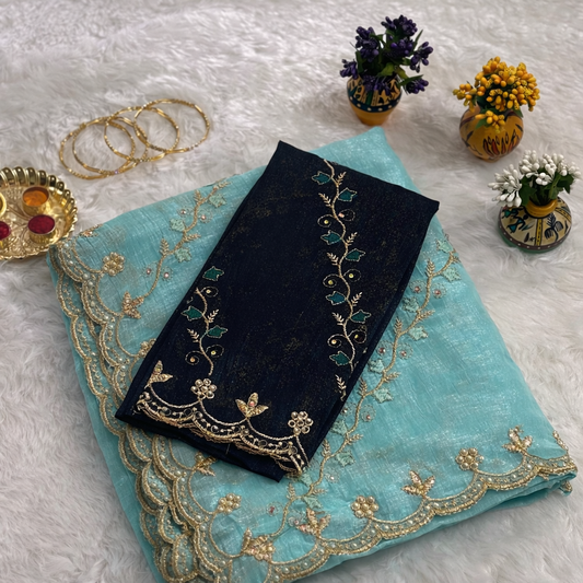 Sky Blue Tissue Silk Saree with Navy Embroidered Blouse