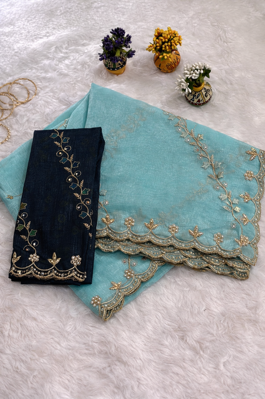 Sky Blue Tissue Silk Saree with Navy Embroidered Blouse