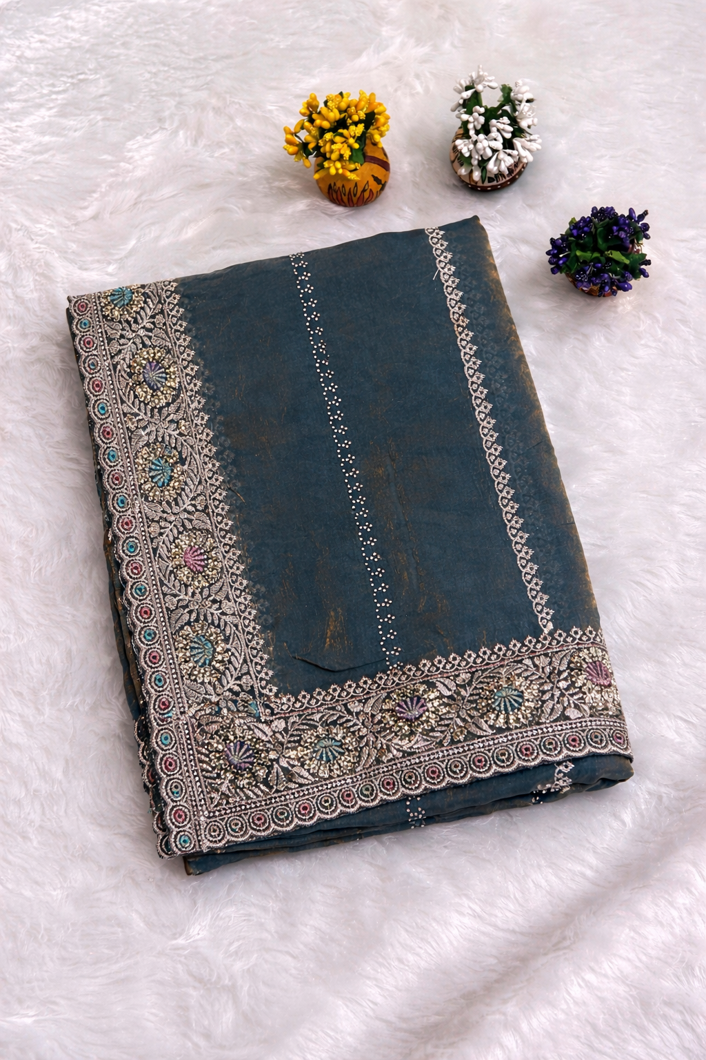 Teal Blue Linen Silk Saree with Multicolor Embroidered Border