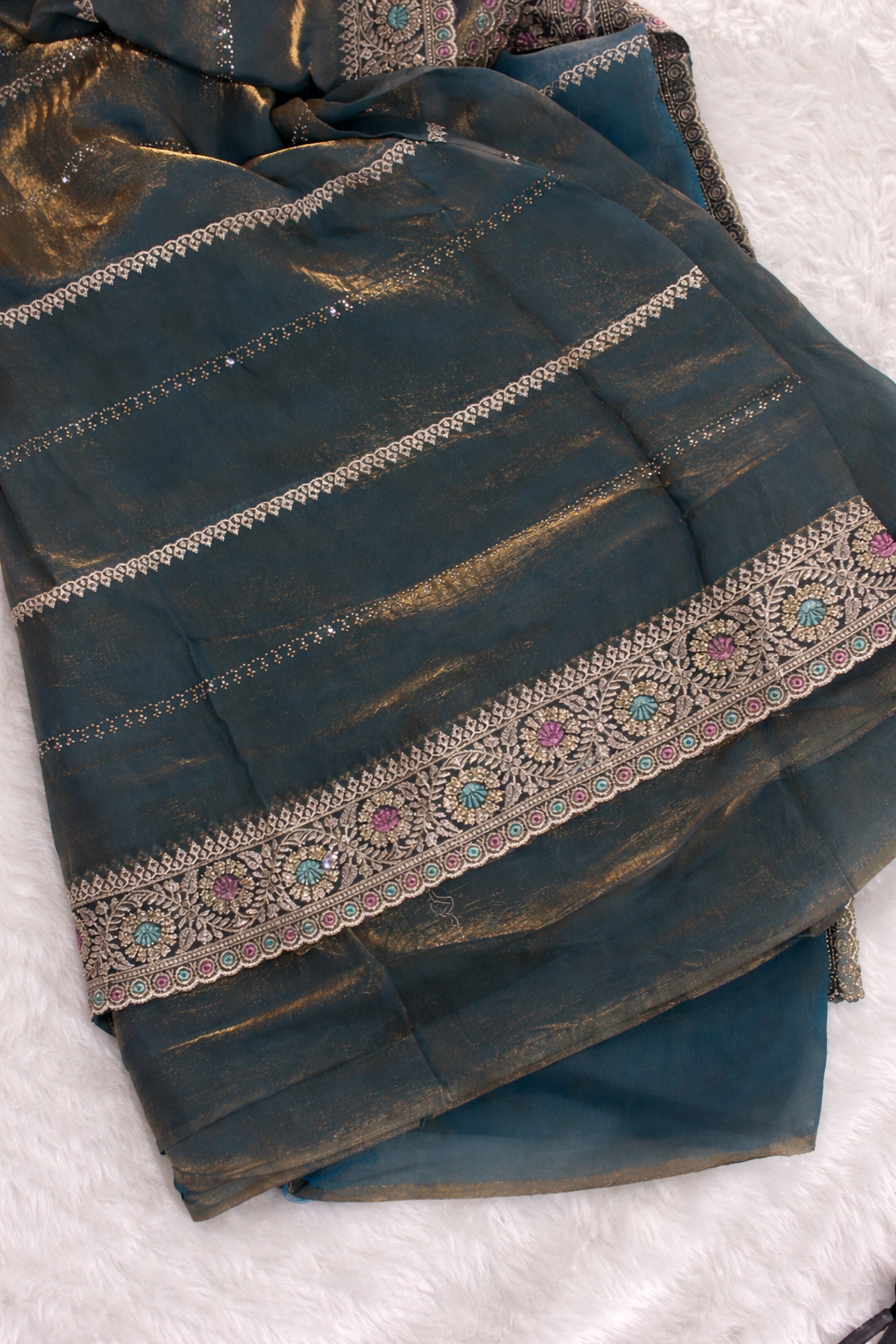 Teal Blue Linen Silk Saree with Multicolor Embroidered Border