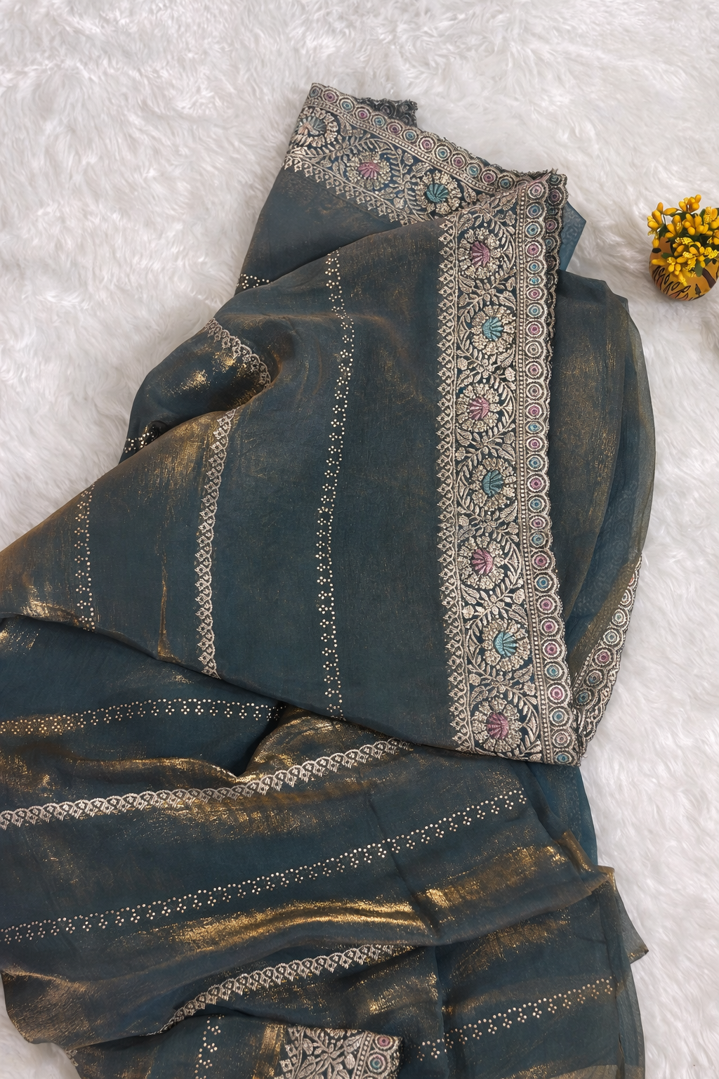 Teal Blue Linen Silk Saree with Multicolor Embroidered Border