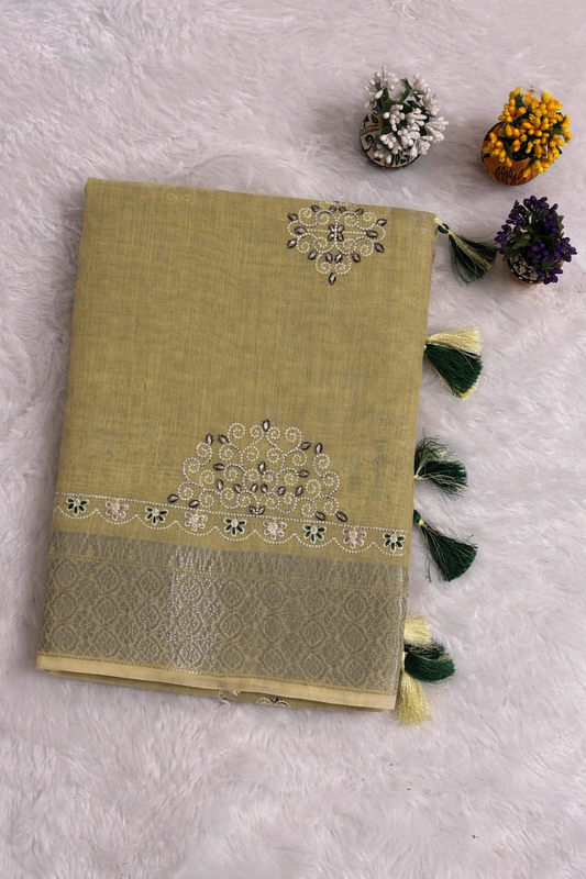 Yellow Premium Handloom Linen Silk Saree with Elegant Embroidery, Zari Border & Tassels