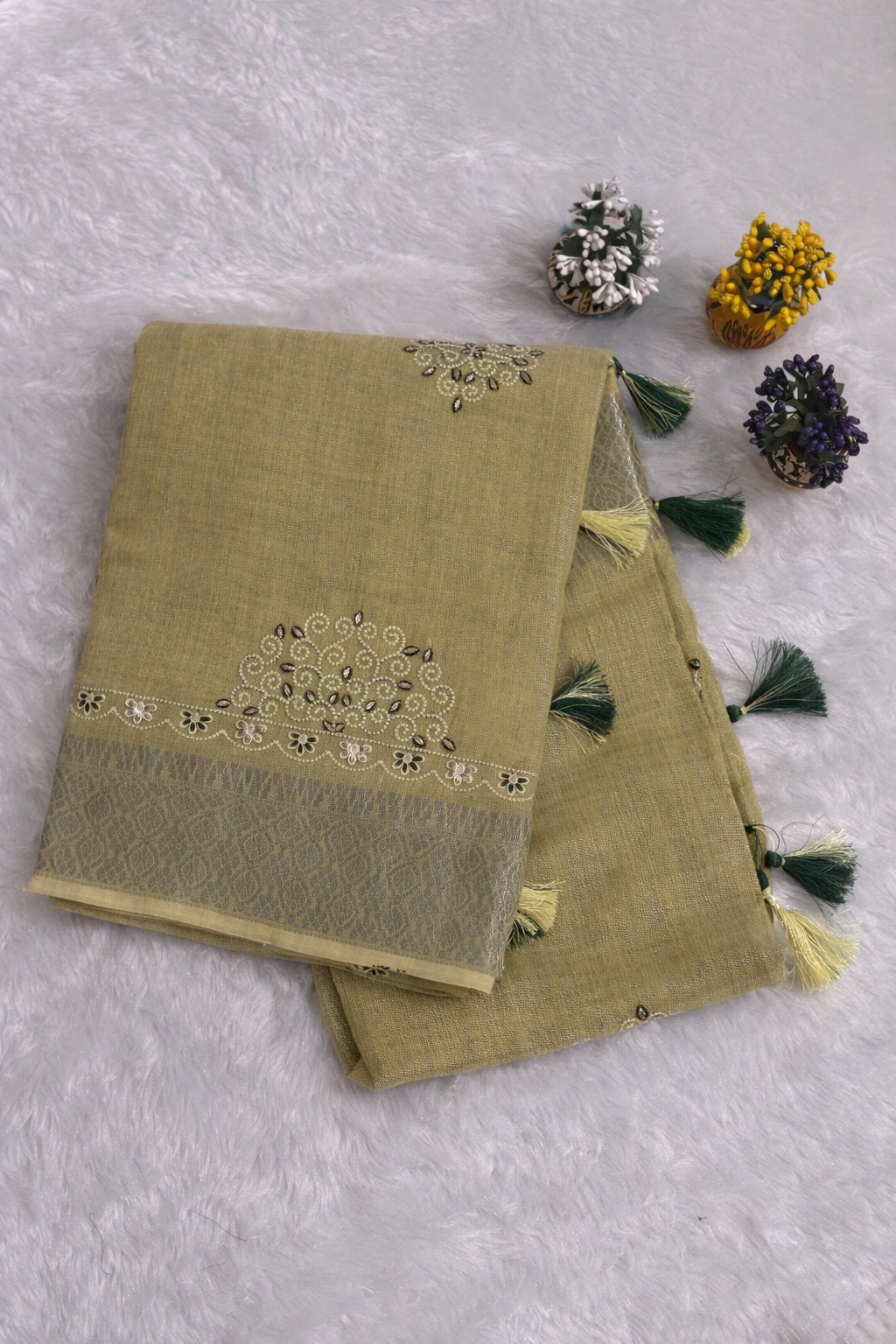 Yellow Premium Handloom Linen Silk Saree with Elegant Embroidery, Zari Border & Tassels