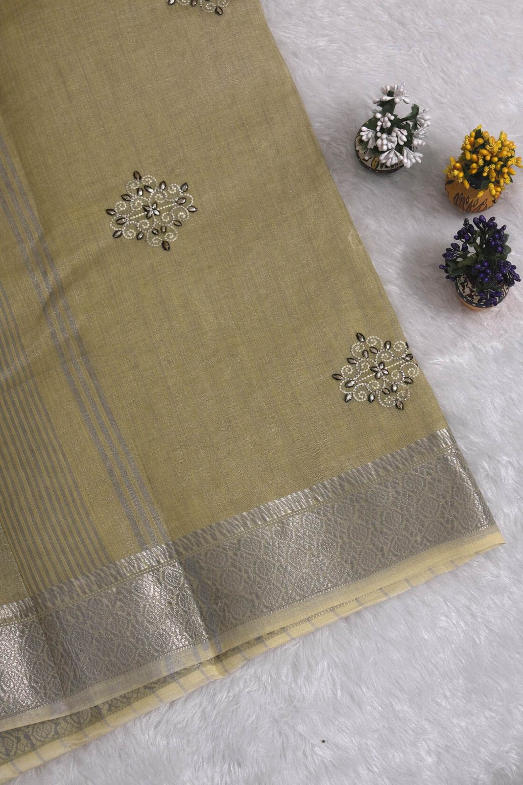 Yellow Premium Handloom Linen Silk Saree with Elegant Embroidery, Zari Border & Tassels