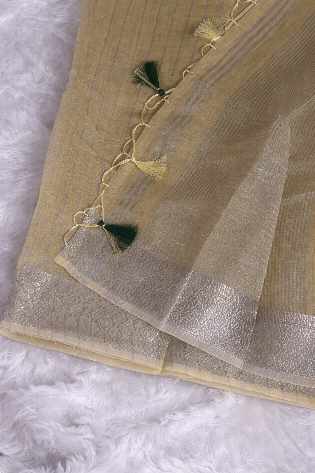 Yellow Premium Handloom Linen Silk Saree with Elegant Embroidery, Zari Border & Tassels