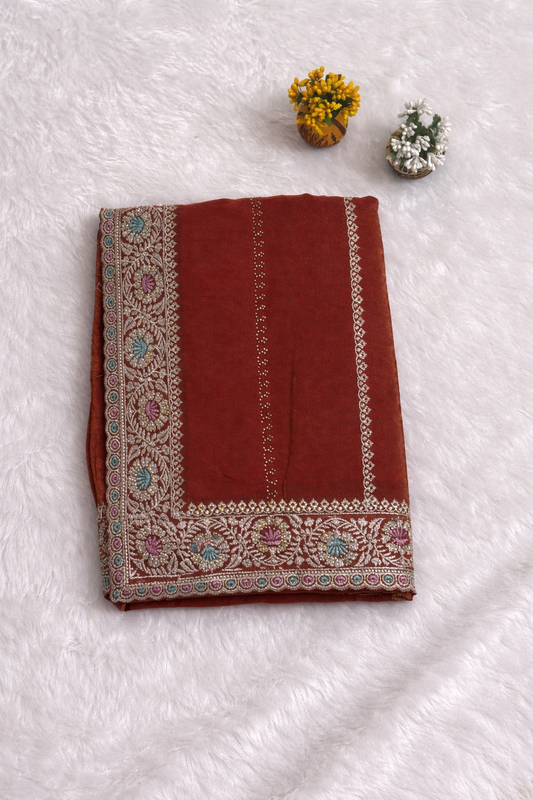 Rust Orange Linen Silk Saree with Multicolor Embroidered Border