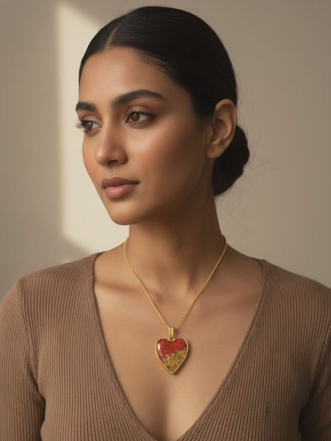 Golden Heart Resin Pendant Necklace - Handmade Red Bead & Gold Foil Statement Jewellery for Women