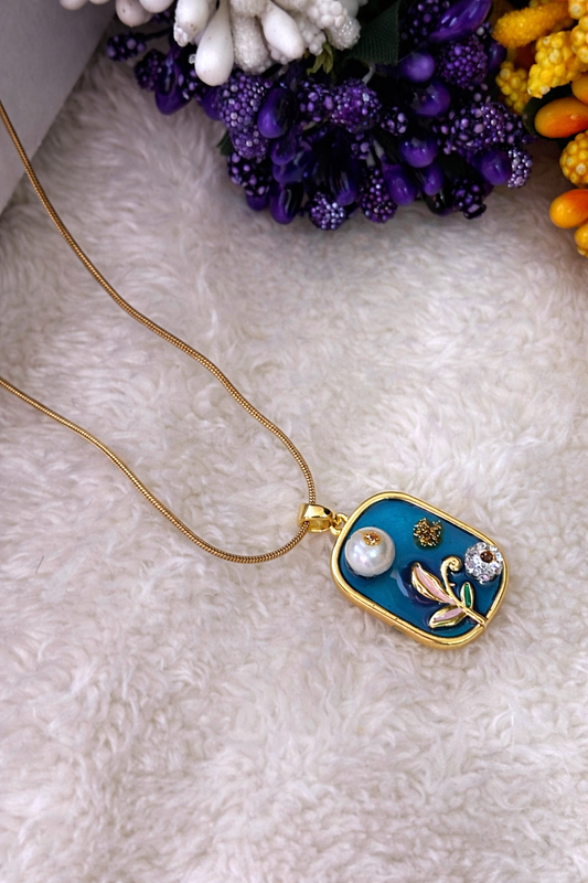 Elegant Blue Enamel Floral Pendant Necklace